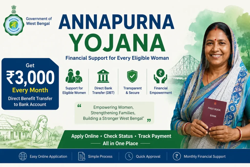 Apply online for Annapurna Bhandar Scheme 2026. Check eligibility, required documents, application process, beneficiary status, and ₹3,000 monthly financial assistance details in English and Bengali.